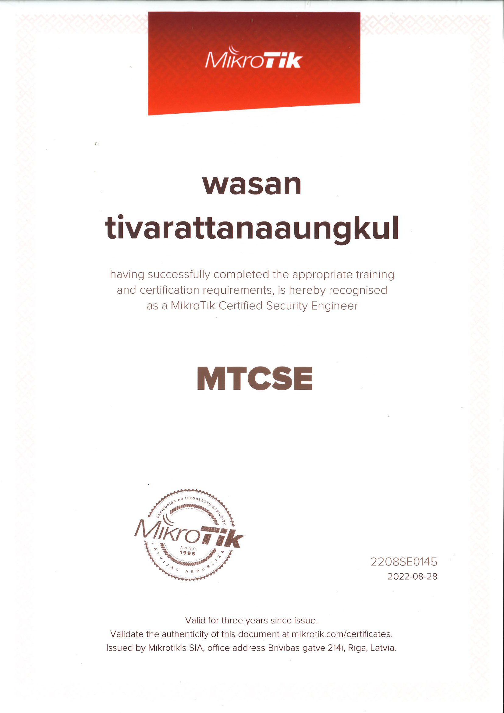 MikroTik Certified Security Engineer certificate